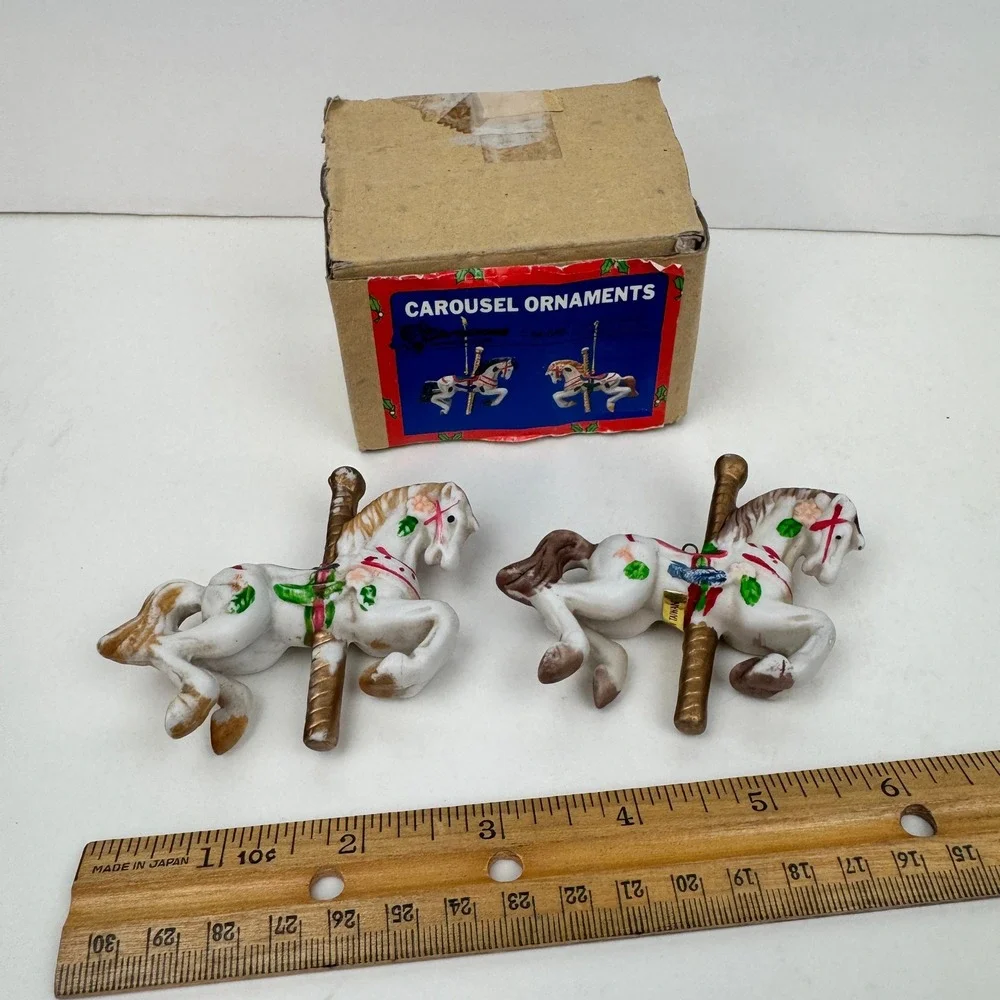 2 Vtg Christmas Around the World Carousel Horse Ornaments Ceramic w Orig Box